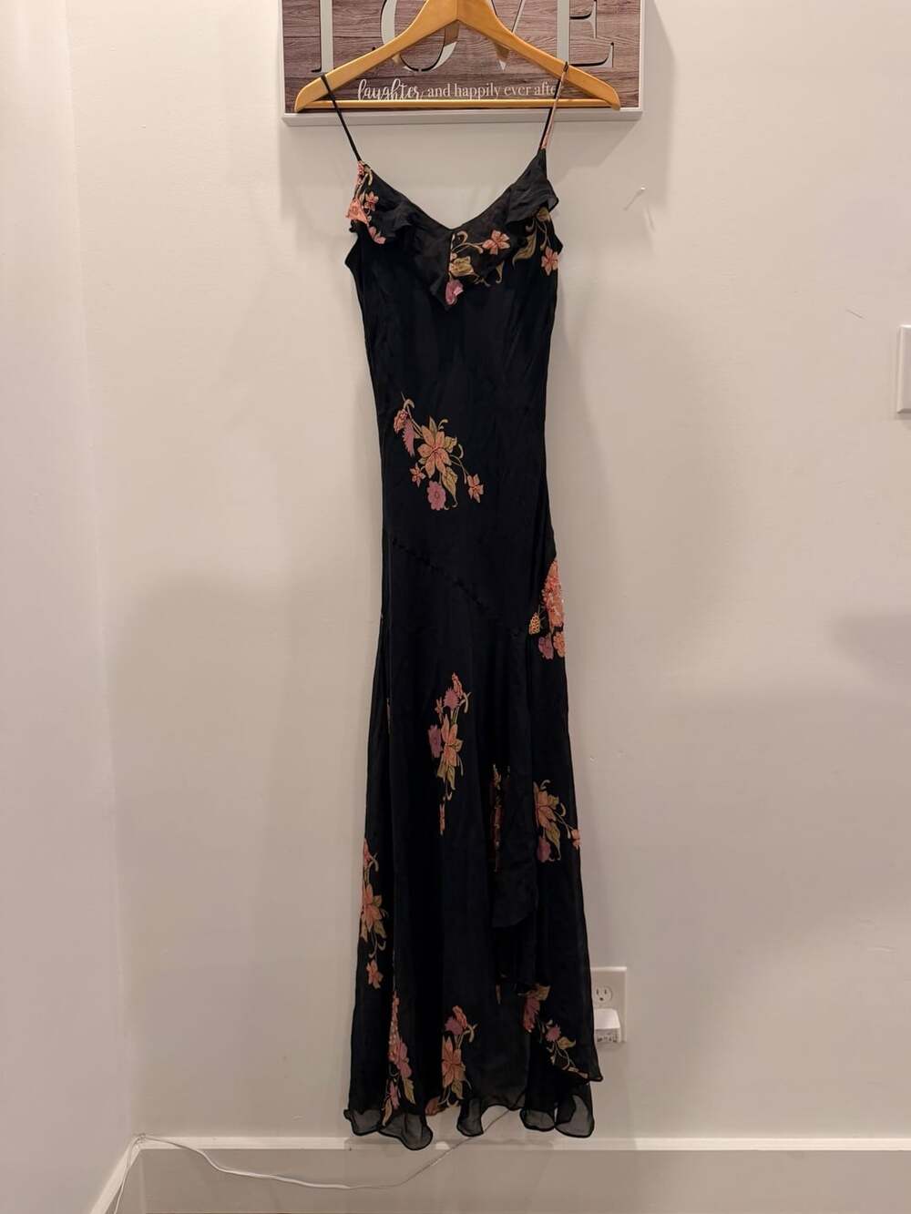 Sue Wong Black Floral Silk Maxi Dress Size 14